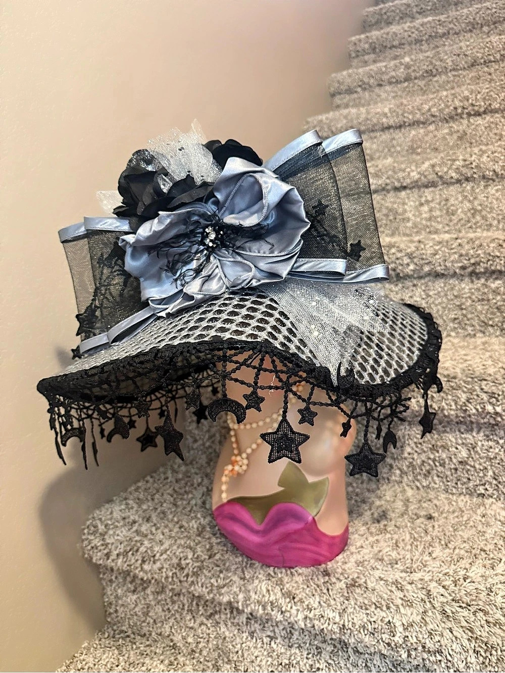 Silver & Black Star Lace Wide Brim Hat stardust